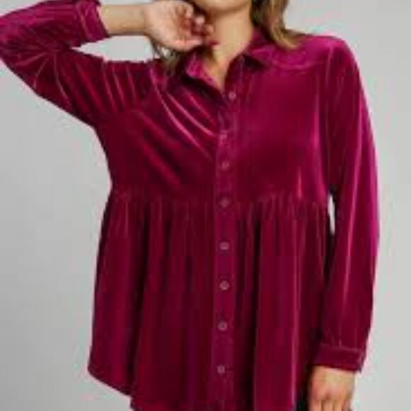 UMGEE Velvet Button Down Collared Tunic Top Ruby Pink Womans XL Long Sleeve - Picture 9 of 14